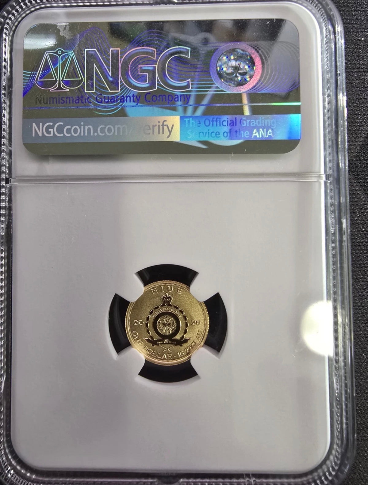 Niue Ankylosaurus 2026, pièce d’or certifiée NGC Reverse PF 70 — verso du slab