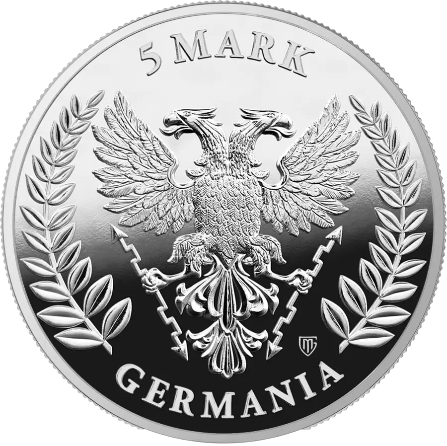 Lady Germania 2026 ANA, pièce d’argent 1 oz — revers 5 Mark Germania