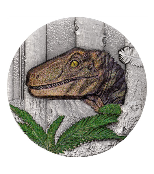 Liberia 2026 Velociraptor 1 oz silver coin — obverse